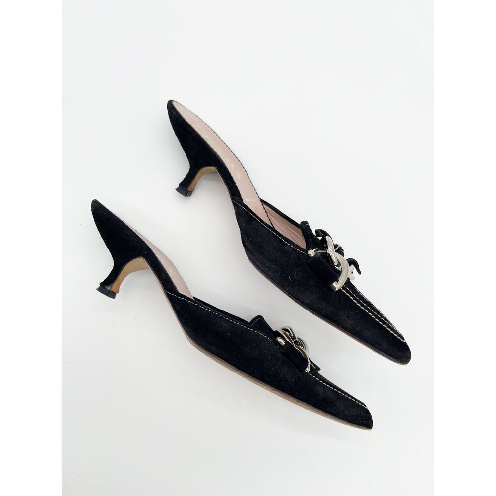Prada Retro Vintage Y2K Black Suede Chain Pointed Toe Kitten Heel Mules IT 35 - Picture 5 of 11